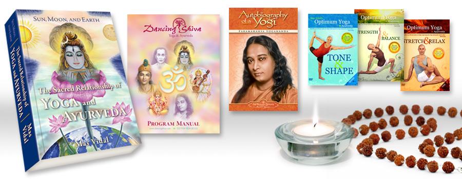 Pictures of books, DVD, incense, and yogic prayer
beads in the 200 Hour Yoga Training enrollment kit